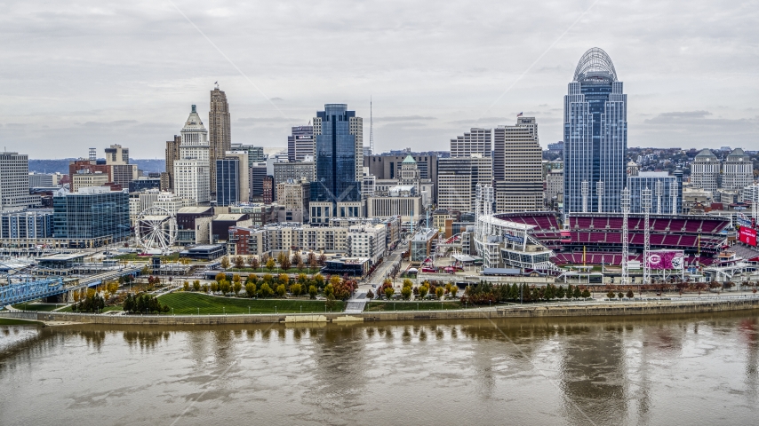 City's skyline and the baseball stadium seen from the Ohio River, Downtown Cincinnati, Ohio Aerial Stock Photo DXP001_000475 | Axiom Images