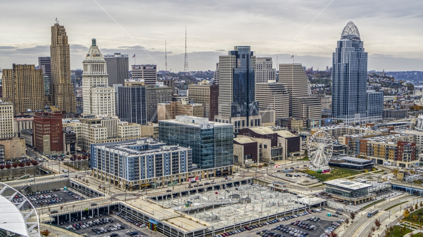 Apartment and office buildings, and the city skyline, Downtown Cincinnati, Ohio Aerial Stock Photo DXP001_000480 | Axiom Images