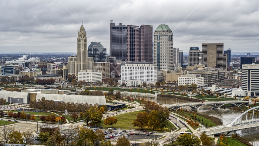 Science museum in the foreground, city's skyline in the background, Downtown Columbus, Ohio Aerial Stock Photo DXP001_000487 | Axiom Images