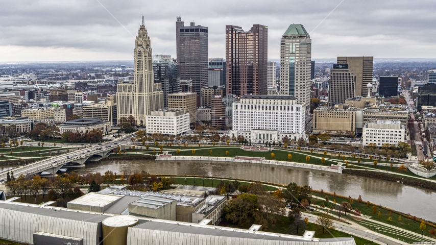 The city's skyline across the Scioto River, Downtown Columbus, Ohio Aerial Stock Photo DXP001_000497 | Axiom Images