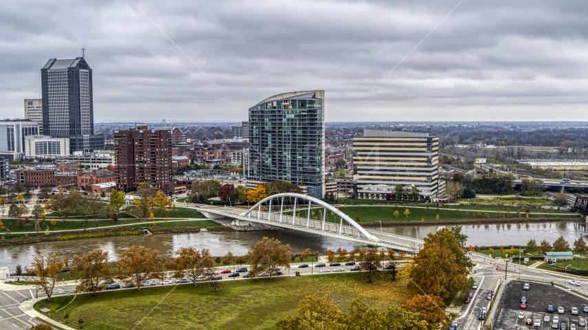 Condo complex and office building by bridge spanning the river in Columbus, Ohio Aerial Stock Photo DXP001_000498 | Axiom Images