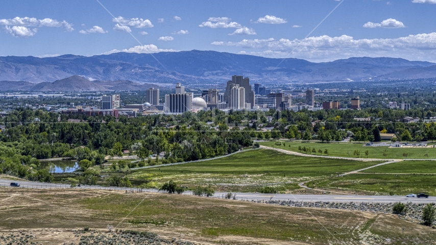 A wide view of the city's skyline in Reno, Nevada Aerial Stock Photo DXP001_004_0001 | Axiom Images