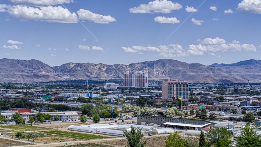 A view of the Grand Sierra and Ramada hotels in Reno, Nevada Aerial Stock Photo DXP001_004_0002 | Axiom Images