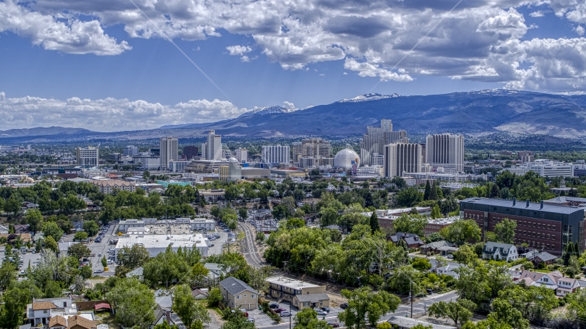 A view of hotels and casinos seen from north of the city in Reno, Nevada Aerial Stock Photo DXP001_004_0006 | Axiom Images