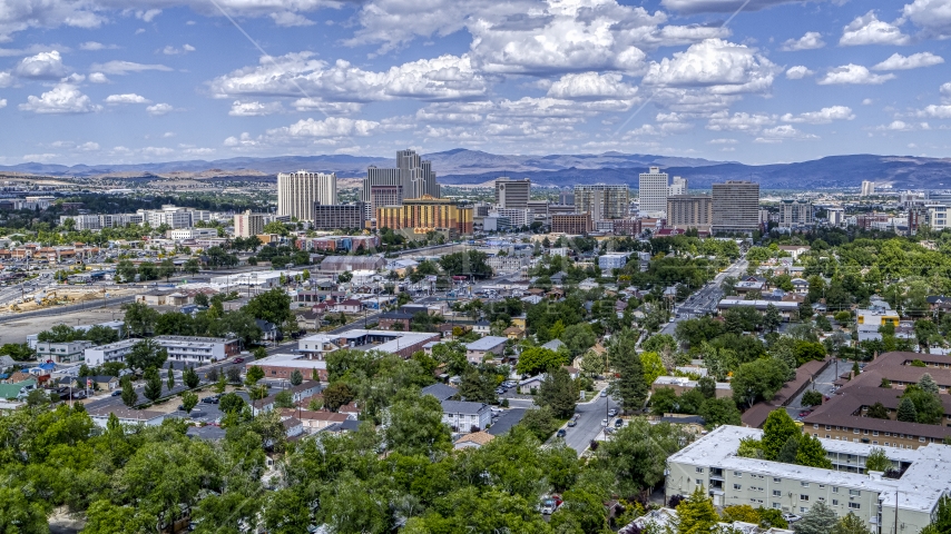 A wide view of hotels and casinos of the city's skyline in Reno, Nevada Aerial Stock Photo DXP001_004_0008 | Axiom Images