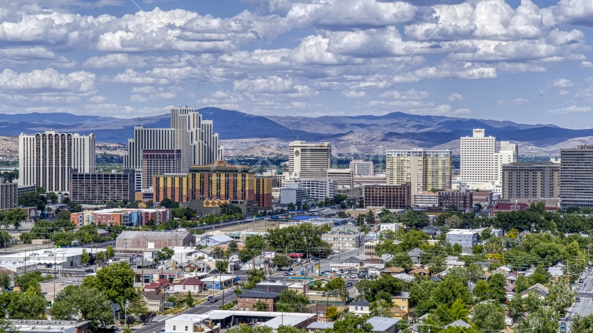 A view of a group of hotels and casino resorts in Reno, Nevada Aerial Stock Photo DXP001_004_0009 | Axiom Images