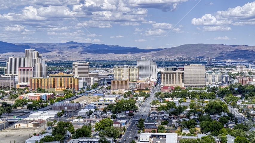 A view of the casino resorts of Reno, Nevada Aerial Stock Photo DXP001_004_0010 | Axiom Images