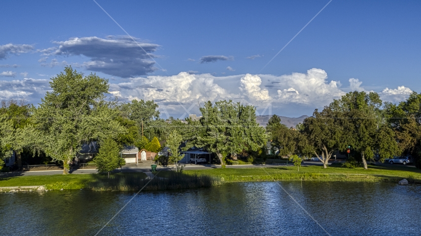 Lakefront homes and trees in Reno, Nevada Aerial Stock Photo DXP001_005_0002 | Axiom Images