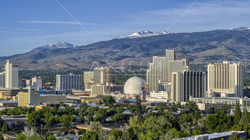 A group of casino resorts in Reno, Nevada Aerial Stock Photo DXP001_006_0001 | Axiom Images