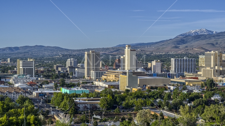 A view of high-rise casino resorts in Reno, Nevada Aerial Stock Photo DXP001_006_0003 | Axiom Images