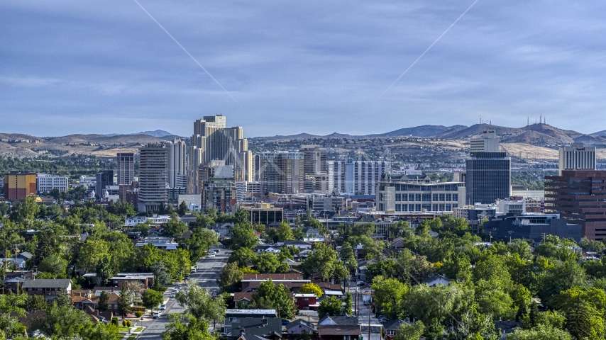 A view of office buildings, resort casinos and hotels in Reno, Nevada Aerial Stock Photo DXP001_006_0009 | Axiom Images