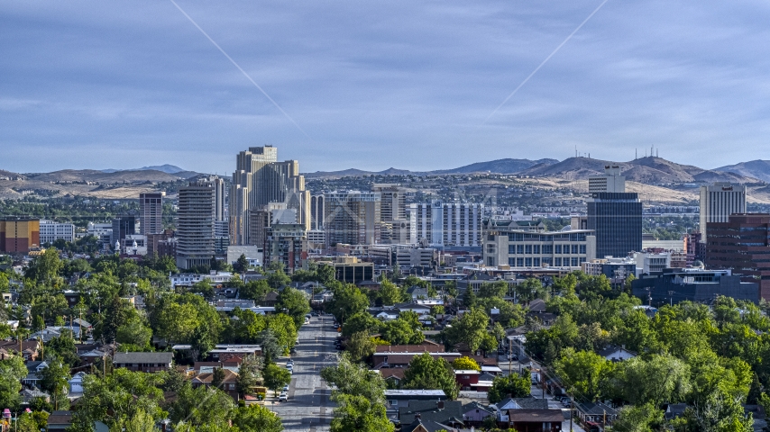 A view of office buildings, high-rise resort casinos and hotels in Reno, Nevada Aerial Stock Photo DXP001_006_0010 | Axiom Images