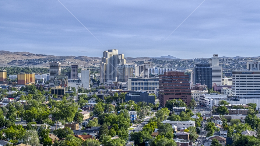 Casino resorts and office buildings seen from neighborhoods in Reno, Nevada Aerial Stock Photo DXP001_006_0011 | Axiom Images