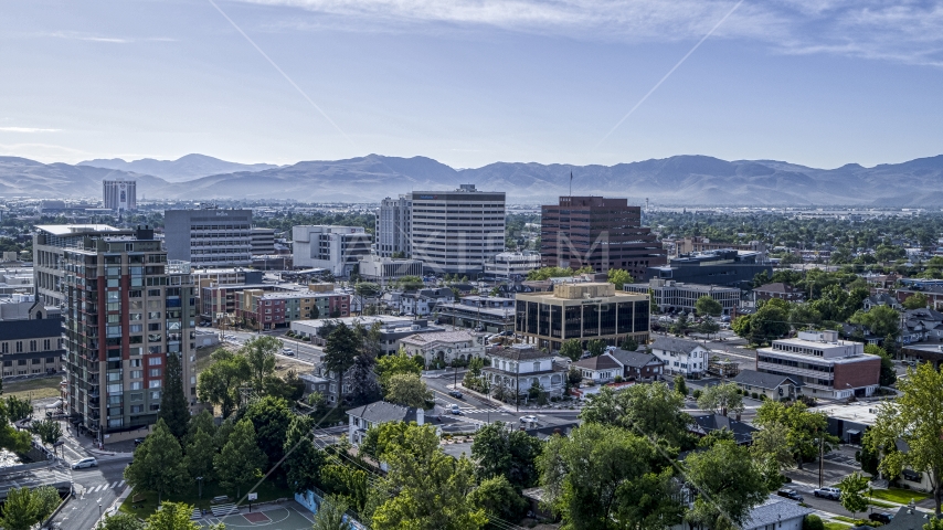 A view of the city's office buildings in Reno, Nevada Aerial Stock Photo DXP001_006_0018 | Axiom Images