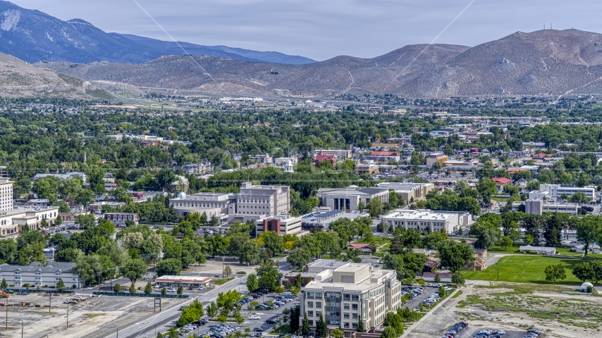 The Nevada State Capitol dome and state government buildings in Carson City, Nevada Aerial Stock Photo DXP001_007_0001 | Axiom Images