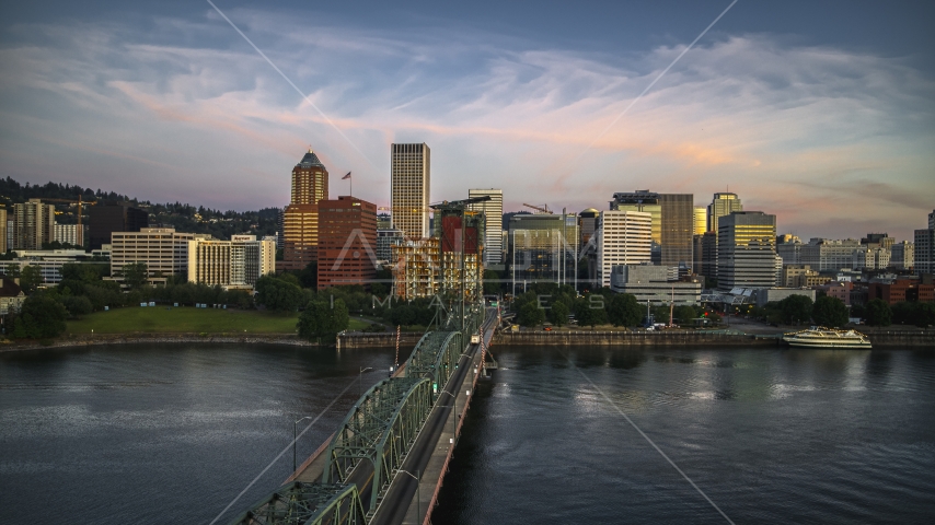 City skyline and the Hawthorne Bridge, Downtown Portland, Oregon Aerial Stock Photo DXP001_010_0001 | Axiom Images