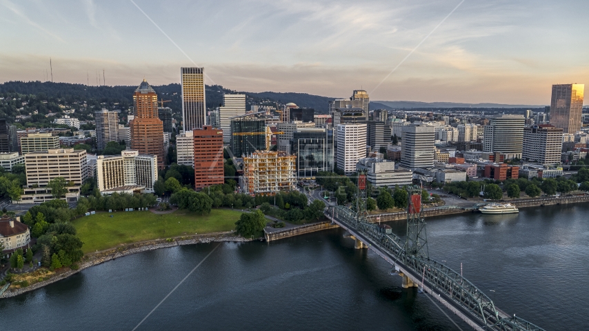 City skyline and Hawthorne Bridge over the Willamette River, Downtown Portland, Oregon Aerial Stock Photo DXP001_010_0004 | Axiom Images