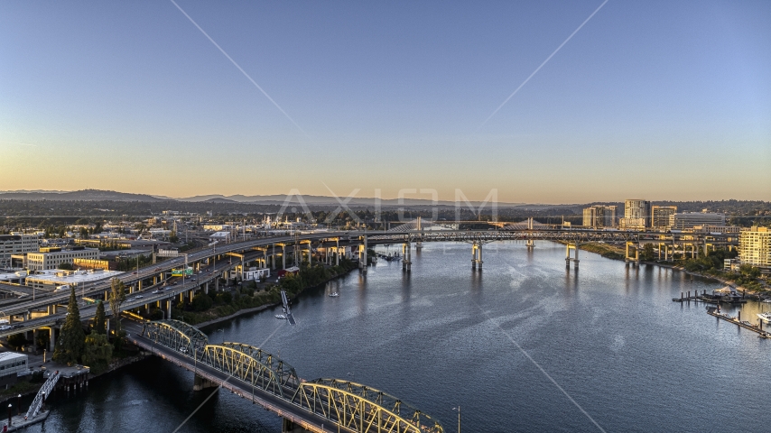 The Marquam Bridge seen from the Hawthorne Bridge over the Willamette River, Downtown Portland, Oregon Aerial Stock Photo DXP001_010_0010 | Axiom Images