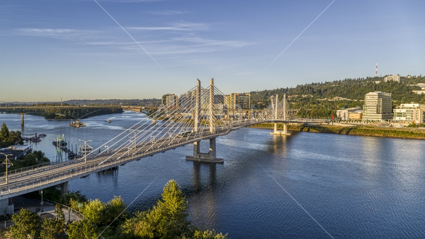 The Tilikum Crossing Bridge and the Willamette River, South Portland, Oregon Aerial Stock Photo DXP001_010_0014 | Axiom Images