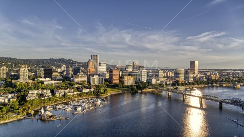The Willamette River with a view of the city's skyline and the Hawthorne Bridge in Downtown Portland, Oregon Aerial Stock Photo DXP001_010_0016 | Axiom Images
