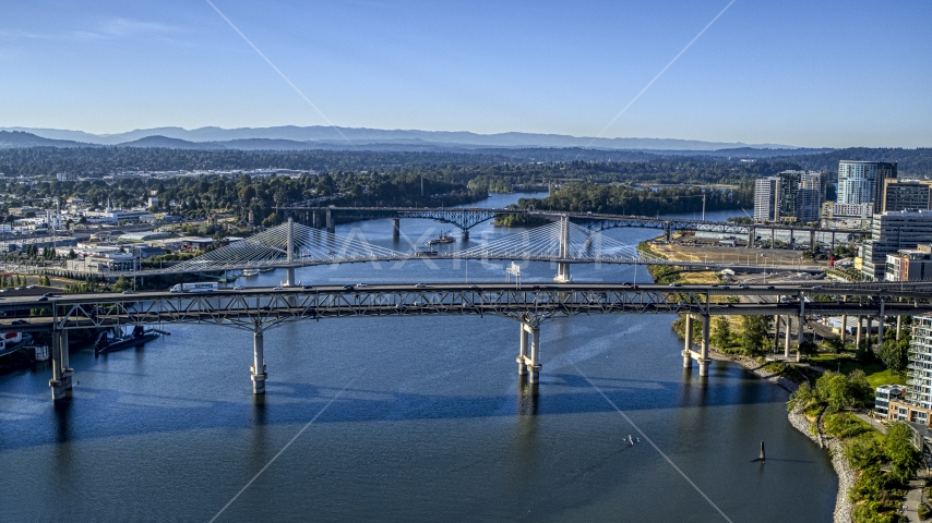 Bridges spanning the Willamette River in South Portland, Oregon Aerial Stock Photo DXP001_011_0002 | Axiom Images