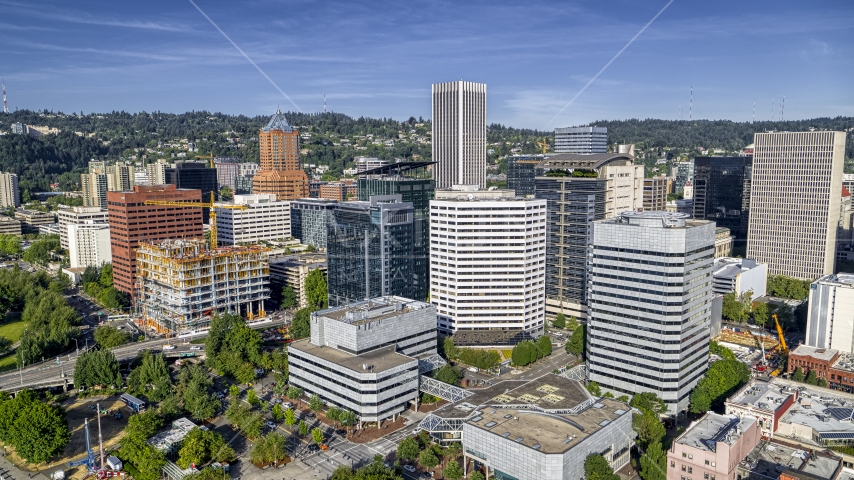 Office buildings and towering skyscrapers in Downtown Portland, Oregon Aerial Stock Photo DXP001_011_0012 | Axiom Images