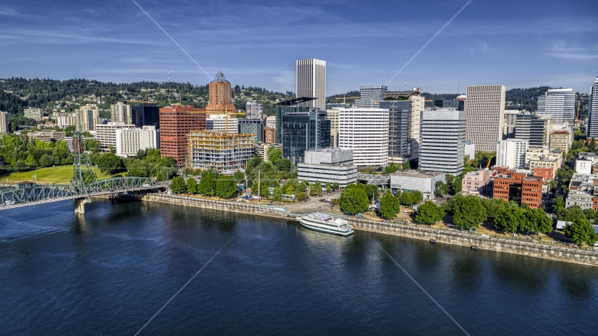 Waterfront office buildings by the river in Downtown Portland, Oregon Aerial Stock Photo DXP001_011_0016 | Axiom Images