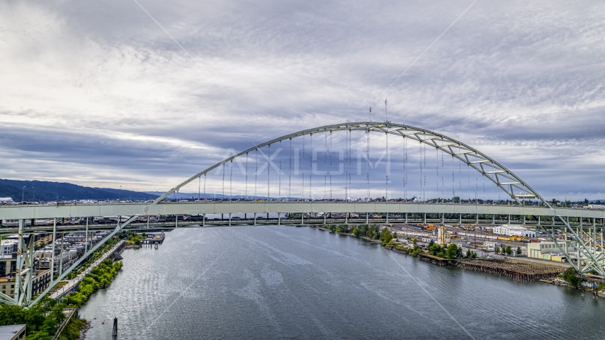 Fremont Bridge spanning the Willamette River in Downtown Portland, Oregon Aerial Stock Photo DXP001_013_0001 | Axiom Images