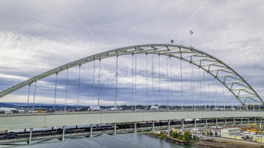 Close-up of the Fremont Bridge spanning the Willamette River in Downtown Portland, Oregon Aerial Stock Photo DXP001_013_0002 | Axiom Images