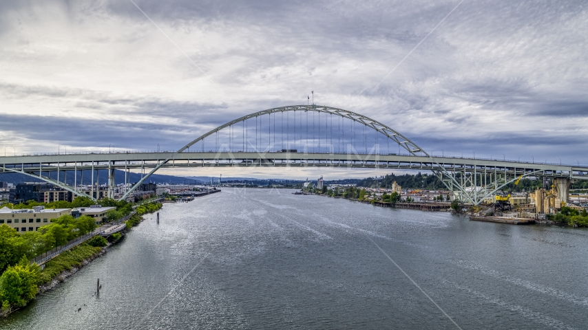 Fremont Bridge over the Willamette River in Downtown Portland, Oregon Aerial Stock Photo DXP001_013_0004 | Axiom Images