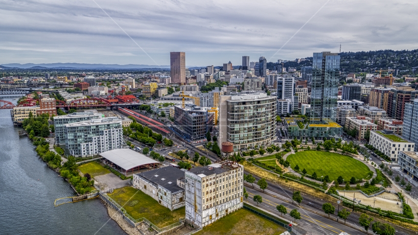 Waterfront condominiums by the Willamette River in the Pearl District, Northwest Portland, Oregon Aerial Stock Photo DXP001_013_0005 | Axiom Images