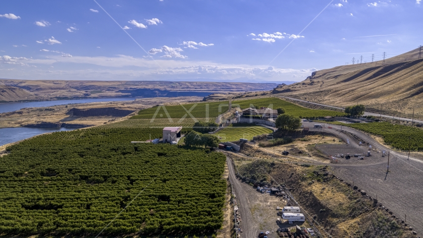 Wide view of Maryhill Winery and vineyards beside the Columbia River in Goldendale, Washington Aerial Stock Photo DXP001_018_0010 | Axiom Images