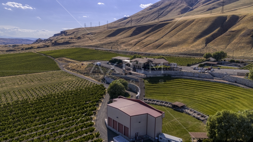 The Maryhill Winery seen from the amphitheater in Goldendale, Washington Aerial Stock Photo DXP001_018_0017 | Axiom Images