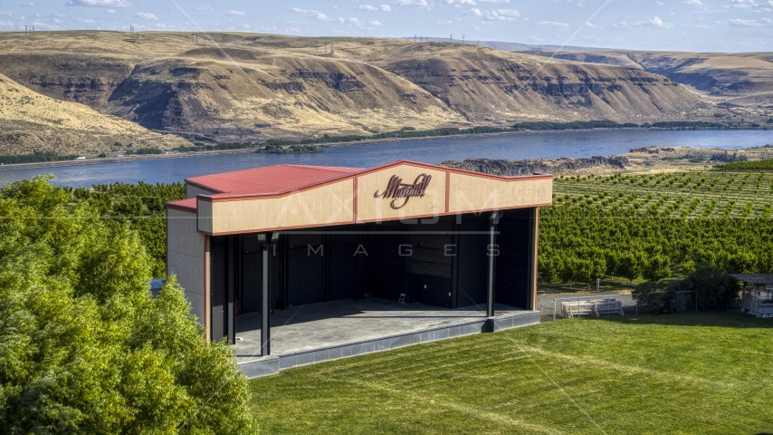 The stage at the Maryhill Winery near the Columbia River in Goldendale, Washington Aerial Stock Photo DXP001_018_0026 | Axiom Images