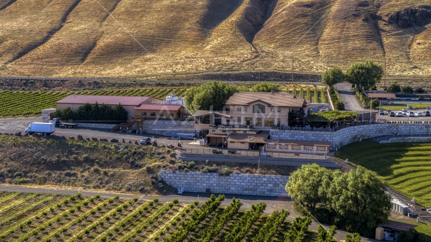 Winery buildings and grapevines at Maryhill Winery in Goldendale, Washington Aerial Stock Photo DXP001_018_0028 | Axiom Images