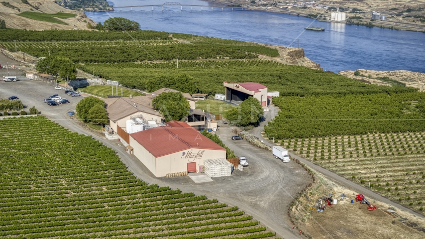 The Maryhill Winery, with views of the Columbia River in Goldendale, Washington Aerial Stock Photo DXP001_018_0029 | Axiom Images