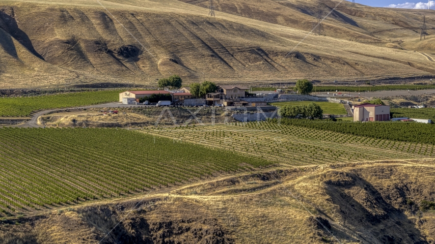 The Maryhill Winery seen from nearby cliffs in Goldendale, Washington Aerial Stock Photo DXP001_018_0030 | Axiom Images