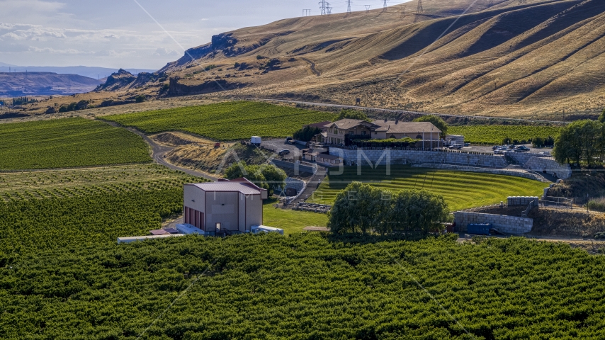 The Maryhill Winery and amphitheater seen from near the stage in Goldendale, Washington Aerial Stock Photo DXP001_018_0031 | Axiom Images