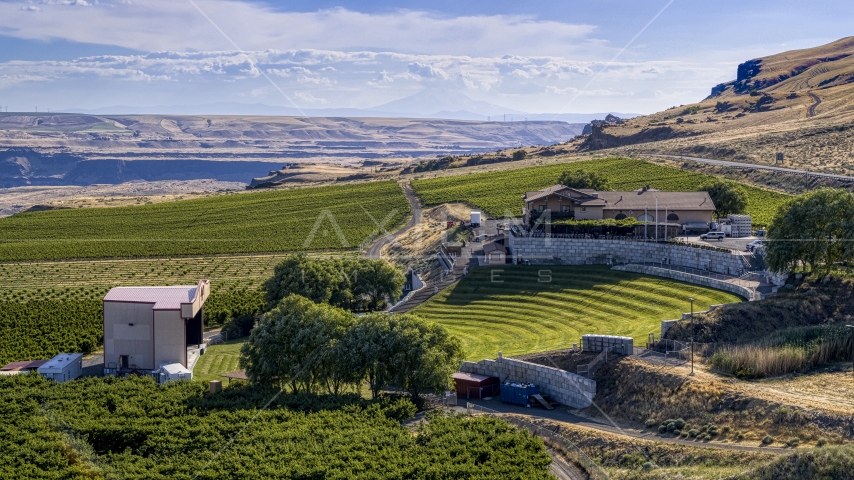 The amphitheater and stage at Maryhill Winery in Goldendale, Washington Aerial Stock Photo DXP001_018_0032 | Axiom Images