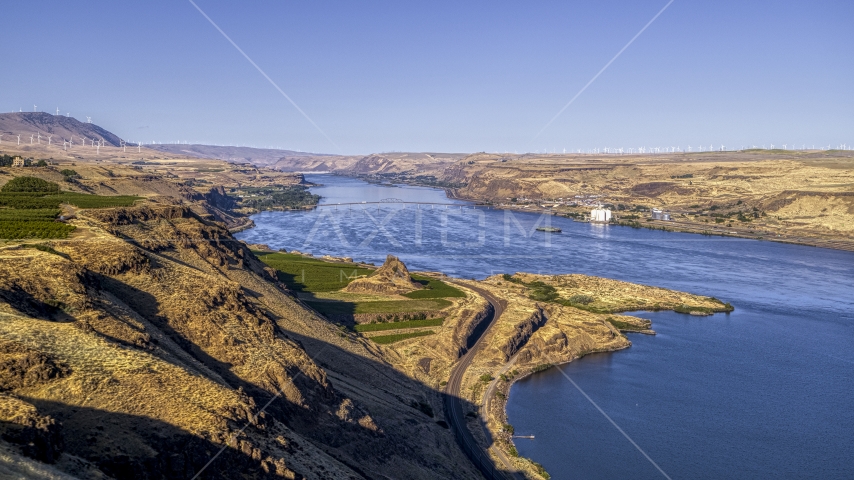 A wide view of the Columbia River in Goldendale, Washington Aerial Stock Photo DXP001_019_0002 | Axiom Images