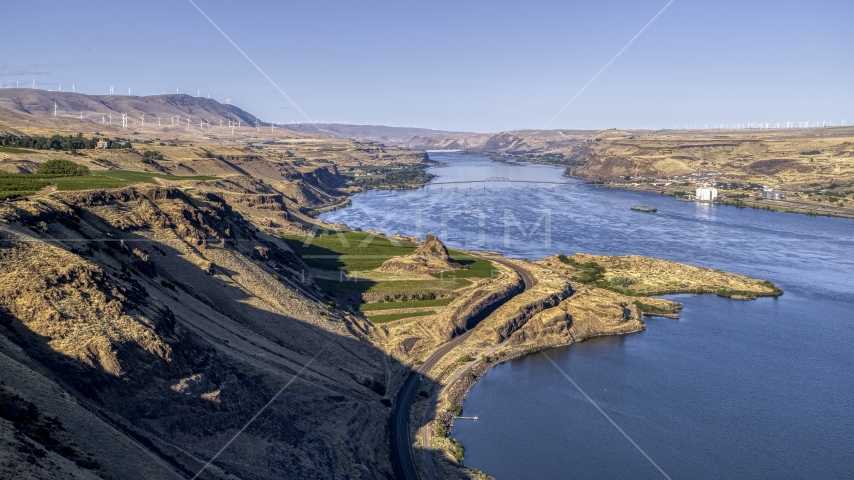 A view of the Columbia River from cliffs in Goldendale, Washington Aerial Stock Photo DXP001_019_0004 | Axiom Images