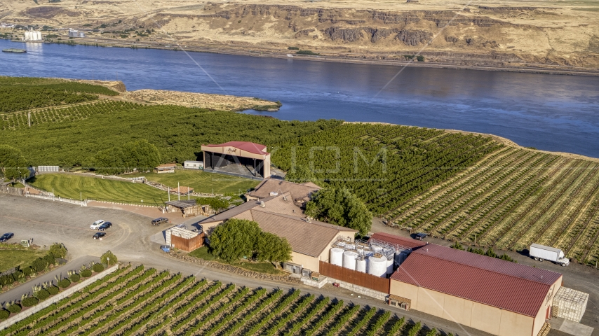 The Maryhill Winery amphitheater stage, main building, Columbia River in Goldendale, Washington Aerial Stock Photo DXP001_019_0006 | Axiom Images