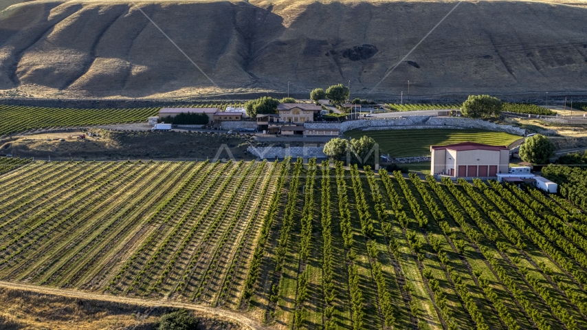 The Maryhill Winery main building and amphitheater in Goldendale, Washington Aerial Stock Photo DXP001_019_0018 | Axiom Images