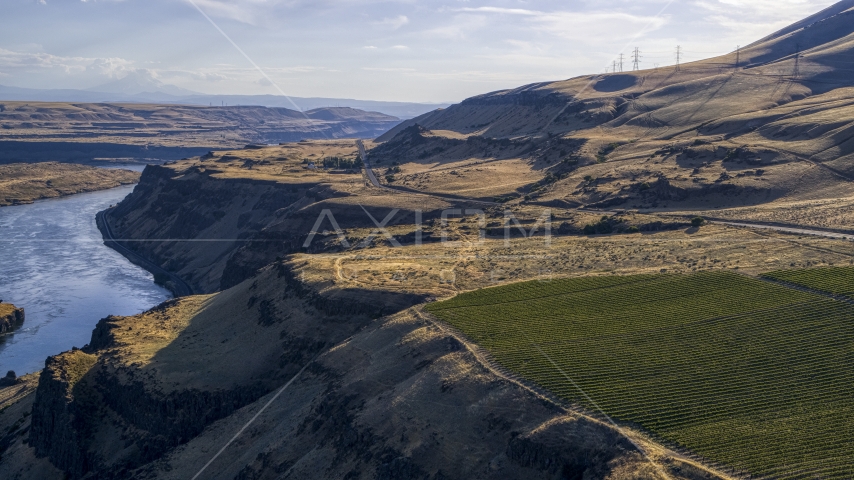 The Lewis and Clark Highway seen from Maryhill Winery in Goldendale, Washington Aerial Stock Photo DXP001_019_0025 | Axiom Images