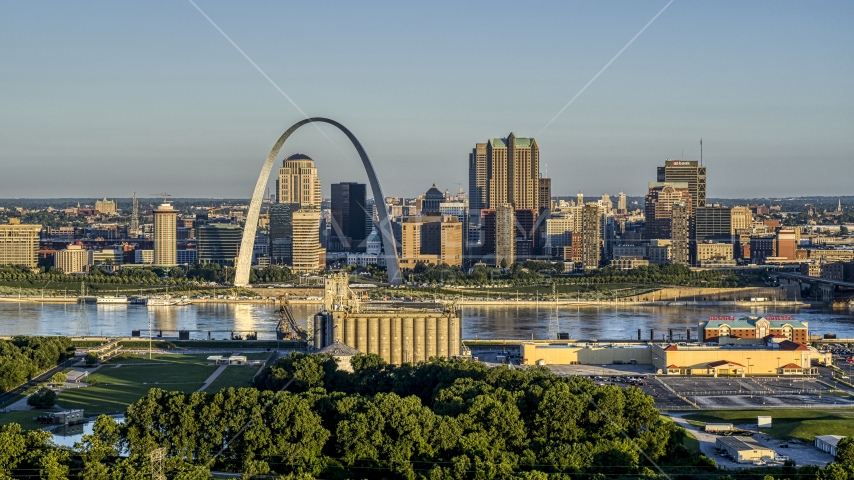 The skyline and Arch across from a park and grain elevator, Downtown St. Louis, Missouri Aerial Stock Photo DXP001_021_0004 | Axiom Images