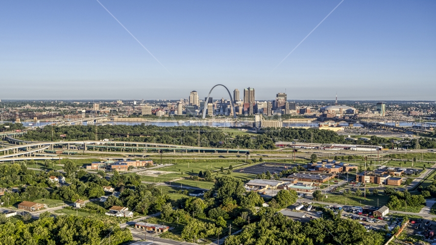 A wide view of skyline and Arch from interstate and park, Downtown St. Louis, Missouri Aerial Stock Photo DXP001_022_0007 | Axiom Images