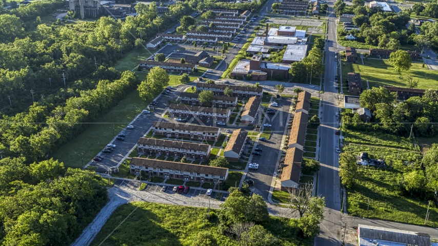 Low income apartment buildings, sunrise, East St Louis, Illinois Aerial Stock Photo DXP001_022_0008 | Axiom Images