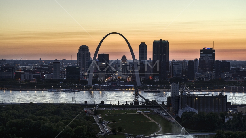 The Downtown St. Louis, Missouri skyline at twilight Aerial Stock Photo DXP001_030_0003 | Axiom Images