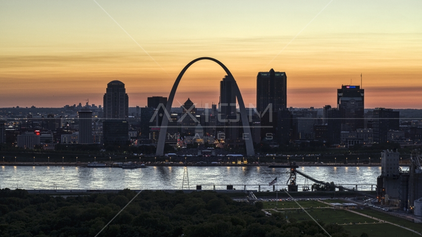 A view across the river at Downtown St. Louis, Missouri, twilight Aerial Stock Photo DXP001_030_0004 | Axiom Images
