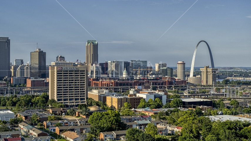 A view of office building, stadium and the famous Gateway Arch in Downtown St. Louis, Missouri Aerial Stock Photo DXP001_033_0002 | Axiom Images